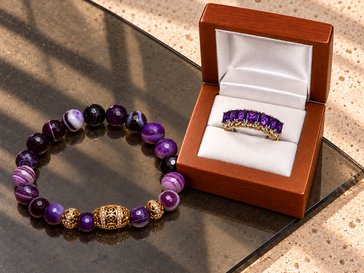 Faceted Agate Bracelet & Amethyst Ring Set