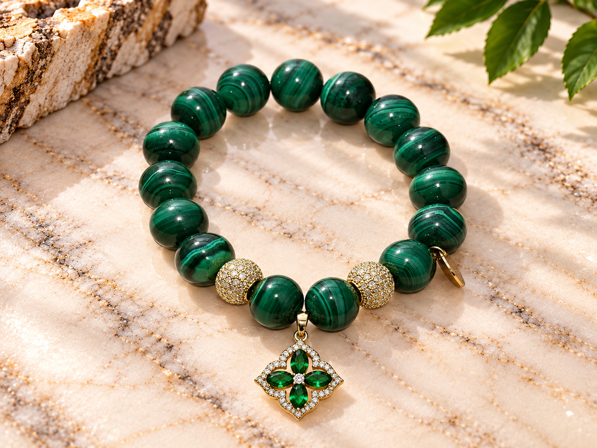Malachite Bead Bracelet with Green Floral Charm