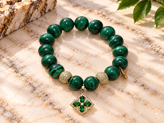 Malachite Bead Bracelet with Green Floral Charm