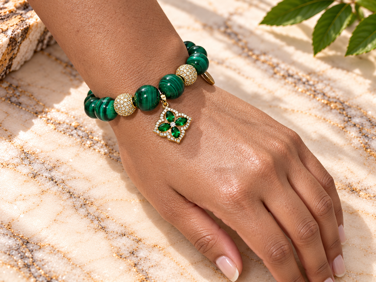 Malachite Bead Bracelet with Green Floral Charm