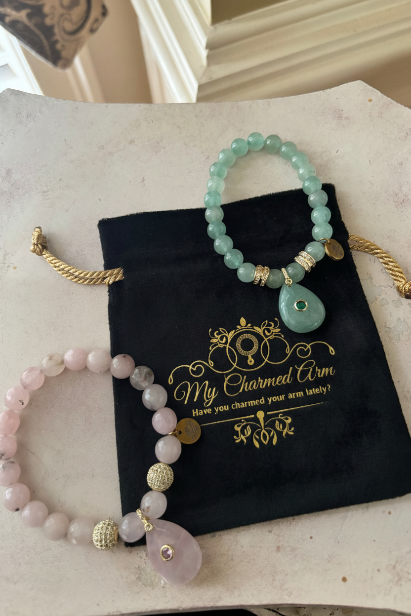 Aventurine & Rose Quartz Draped Over Branded Pouch