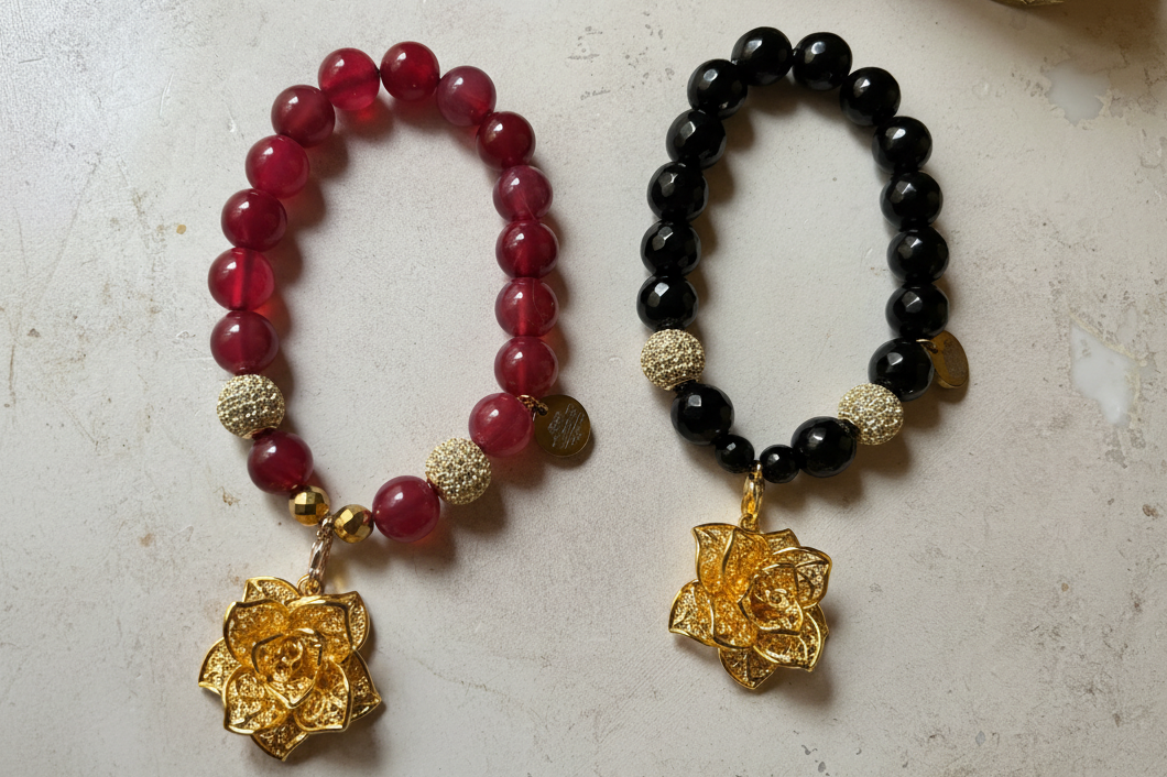 Red & Black Lotus Pair - White Marble